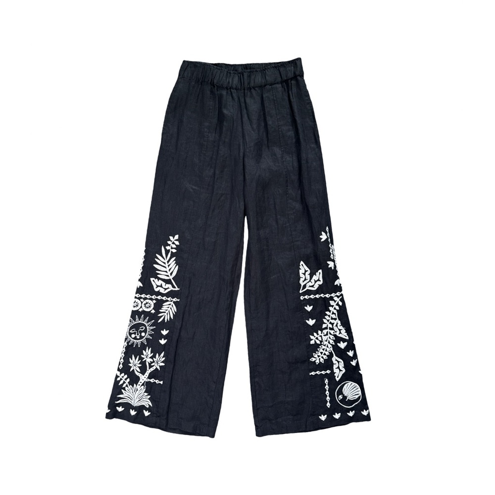 Johnny Was Workshop Luciana Linen Wide Leg Pants XS Black Embroidered Celestial - Picture 3 of 9